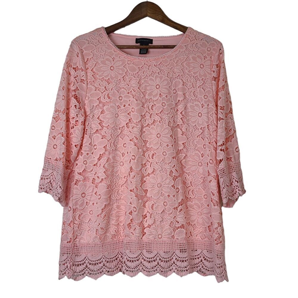 Investment Womens Size Large Floral Crochet Lace Overlay Peach Blouse 3/4 Sleeve